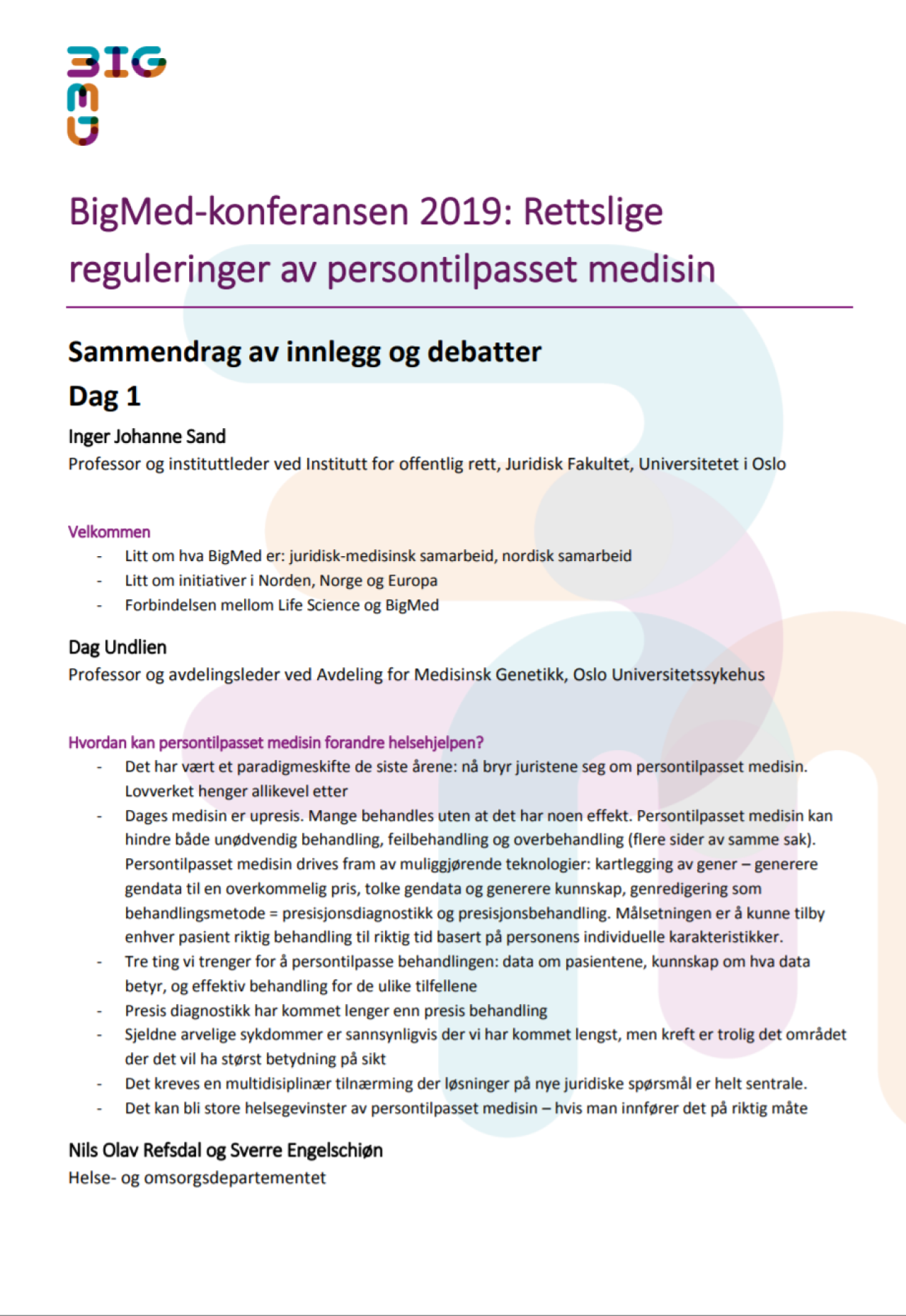 BigMed konferansen 2019: Rettslige reguleringer av persontilpasset medisin.